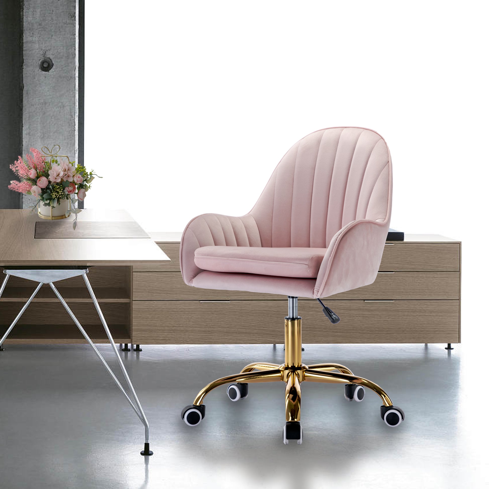 Velvet Home Office Chair With Wheels, Cute Chair With Side Arms And Gold Metal Base For Living Room, Bedroom,And Vanity Room,Bling Desk Nail Desk For Women,Adjustable Height,Pink Pink Velvet