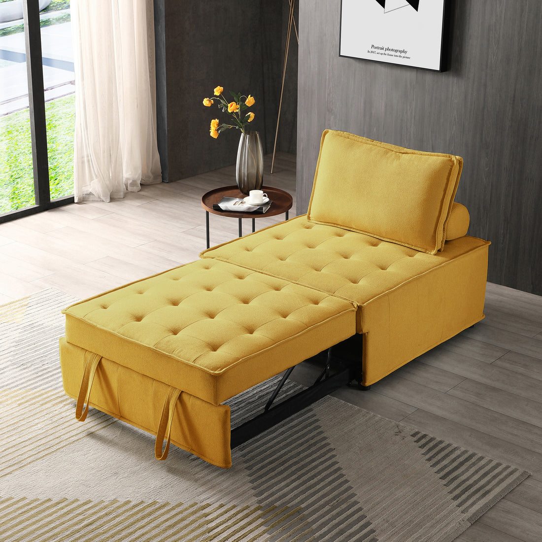 Multipurpose Linen Fabric Ottoman Lazy Sofa Pulling Out Sofa Bed Yellow Yellow Foam Fabric