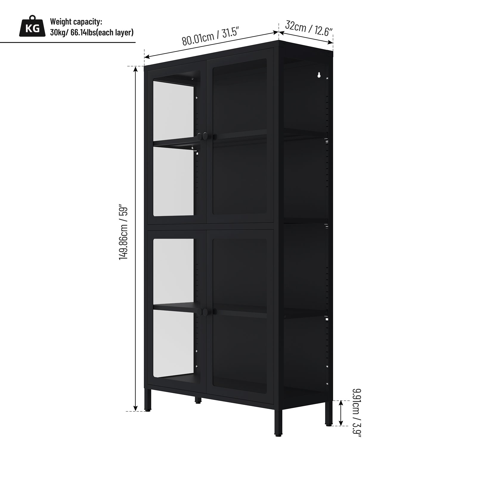 Four Glass Door Storage Cabinet With Adjustable Shelves And Feet Cold Rolled Steel Sideboard Furniture For Living Room Kitchen Black 3 4 Shelves Black Tempered Glass