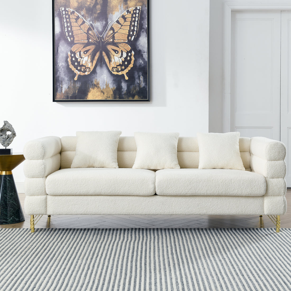81 Inch Oversized 3 Seater Sectional Sofa, Living Room Comfort Fabric Sectional Sofa Deep Seating Sectional Sofa, Soft Sitting With 3 Pillows For Living Room,Bedroom,White Teddy Ivory W834S00036 Ivory Primary Living Space American Design Foam Fabric 3