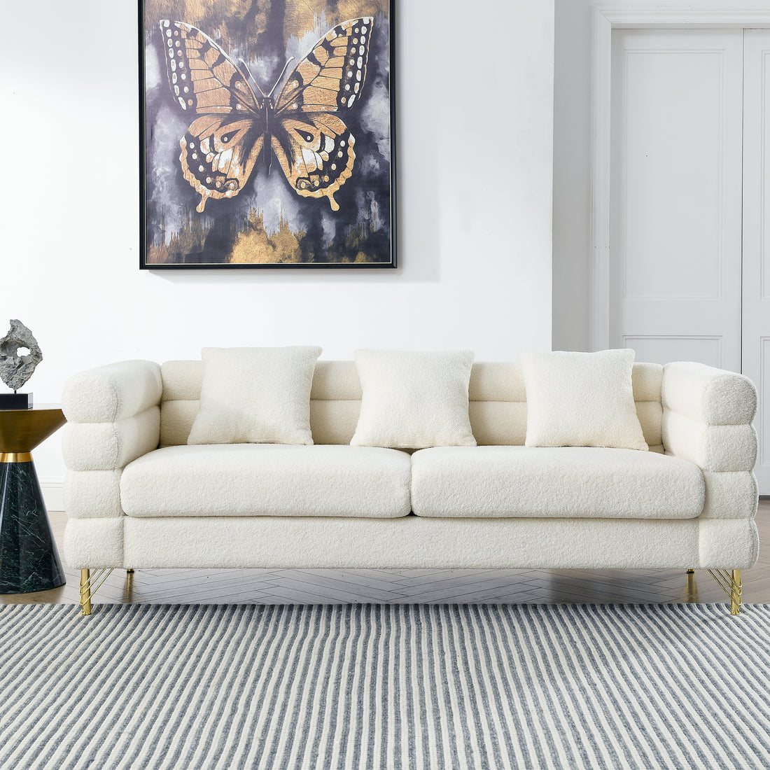 81 Inch Oversized 3 Seater Sectional Sofa, Living Room Comfort Fabric Sectional Sofa Deep Seating Sectional Sofa, Soft Sitting With 3 Pillows For Living Room, Bedroom, Etc., White Teddy Ivory Ivory Primary Living Space American Design Foam Fabric 3 Seat