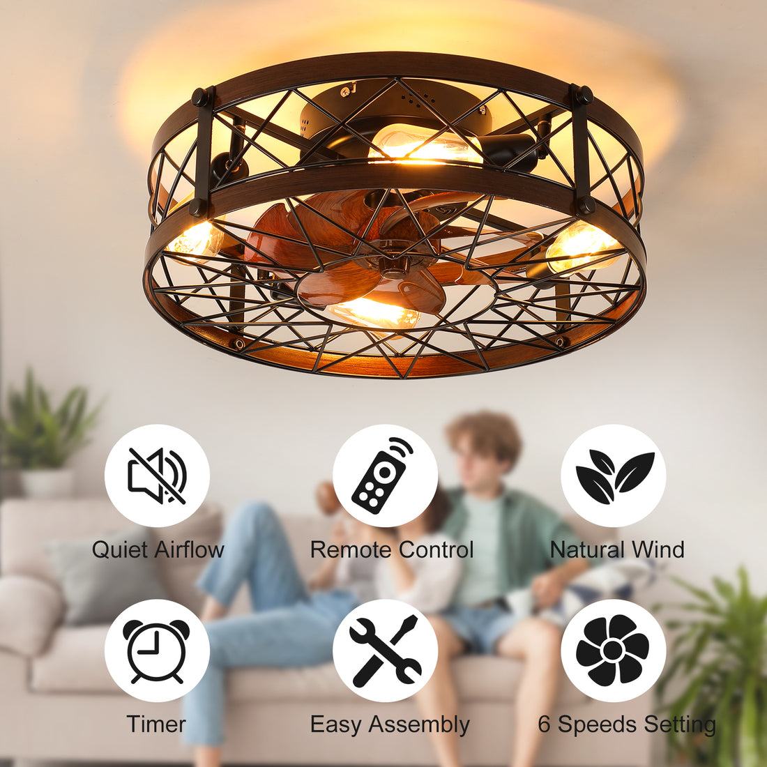 Caged Ceiling Fans With Lights Black, 20 Inch Flush Mount Ceiling Fan Light, Farmhouse Small Ceiling Fan With Light Fixture, Reversible Fan For Bedroom, Office, Kitchen E26 Bulbs Included Black Abs Iron