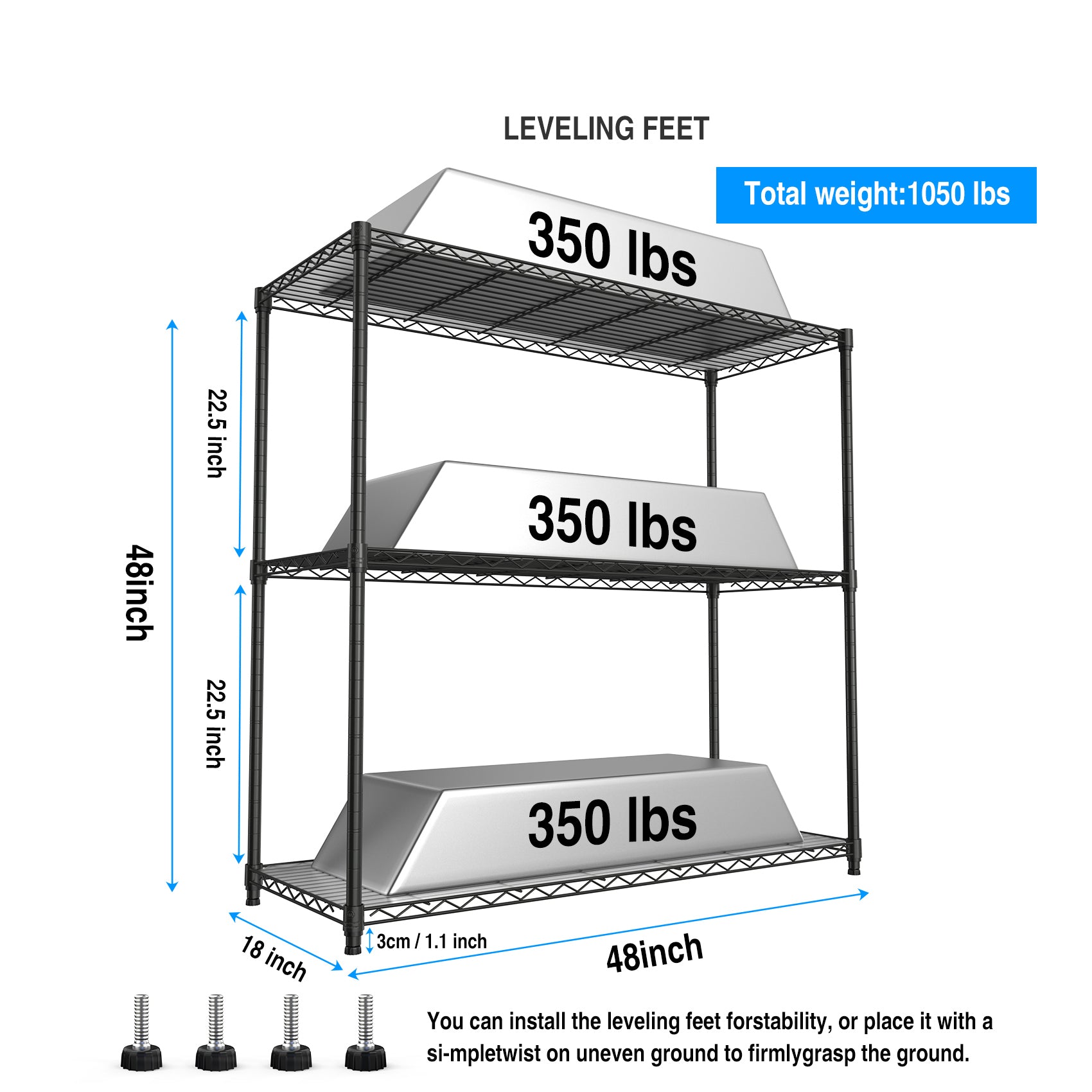 3 Tier Wire Shelving Unit, 1050 Lbs Nsf Height Adjustable Metal Garage Storage Shelves, Heavy Duty Storage Wire Rack Metal Shelves Black Black Iron Plastic