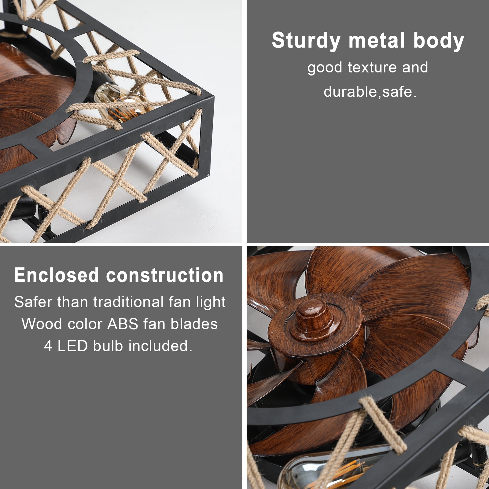 Farmhouse Rustic Ceiling Fan And Remote Control,Square Caged Industrial Ceiling Fixture With 6 Speeds & Noiseless Dc Motor For Kitchen Dining Room Living Room Bedroom Black Abs Iron