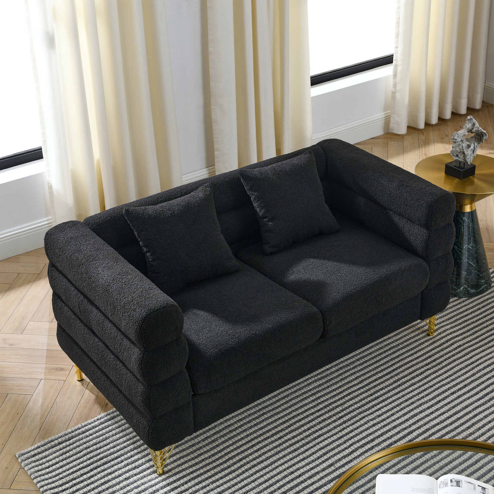 3 Seater 3 Seater Combination Sofa.Black Teddy Black Primary Living Space American Design Foam Fabric