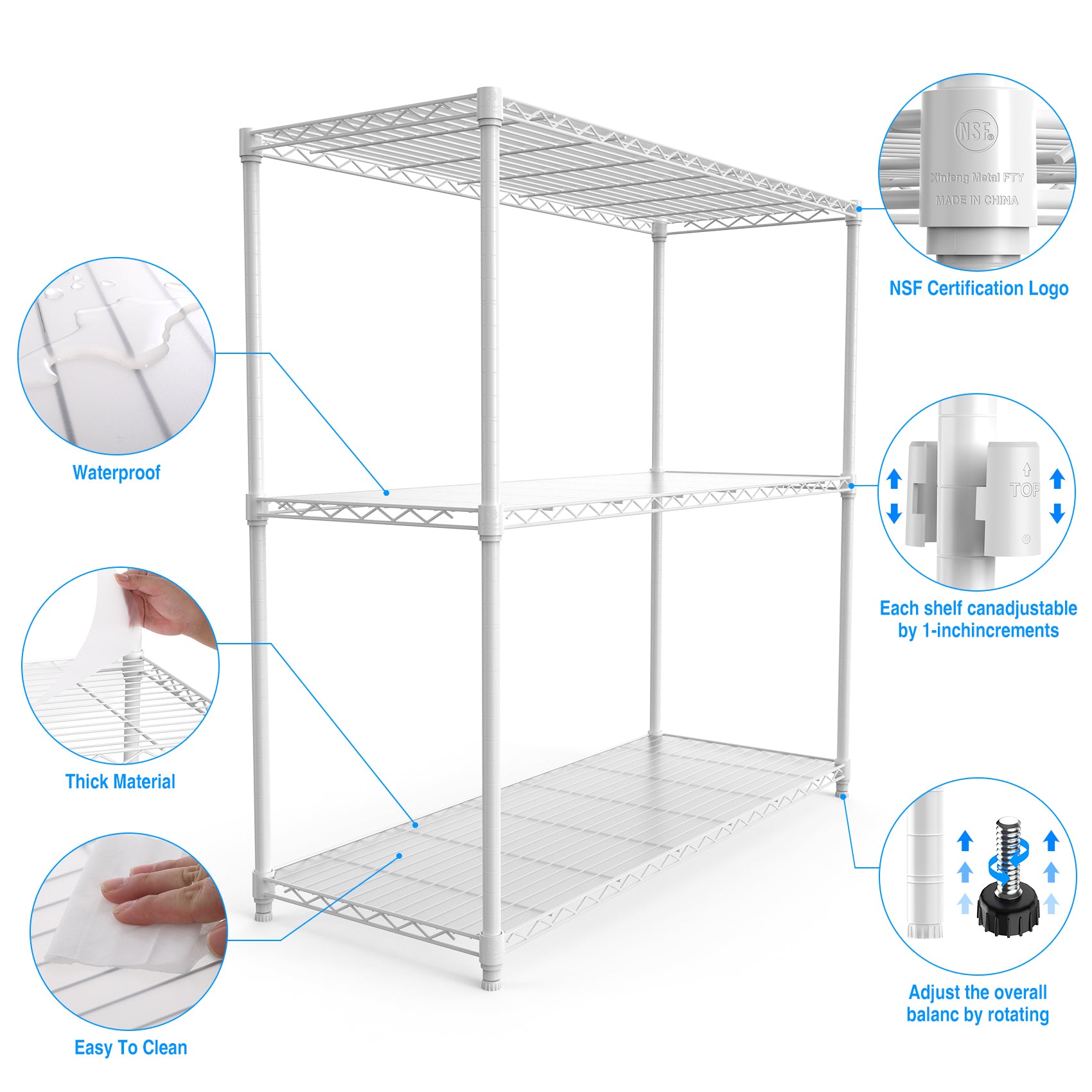 3 Tier Wire Shelving Unit, 1050 Lbs Nsf Height Adjustable Metal Garage Storage Shelves, Heavy Duty Storage Wire Rack Metal Shelves White White Iron Plastic