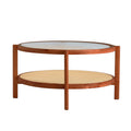 Modern Minimalist Circular Double Layer Solid Wood Coffee Table, Craft Glass Tabletop, Second Layer Material: Pe Rattan, Solid Wood Frame. 34.6 '* 34.6' * 17.7'' Walnut Solid Wood