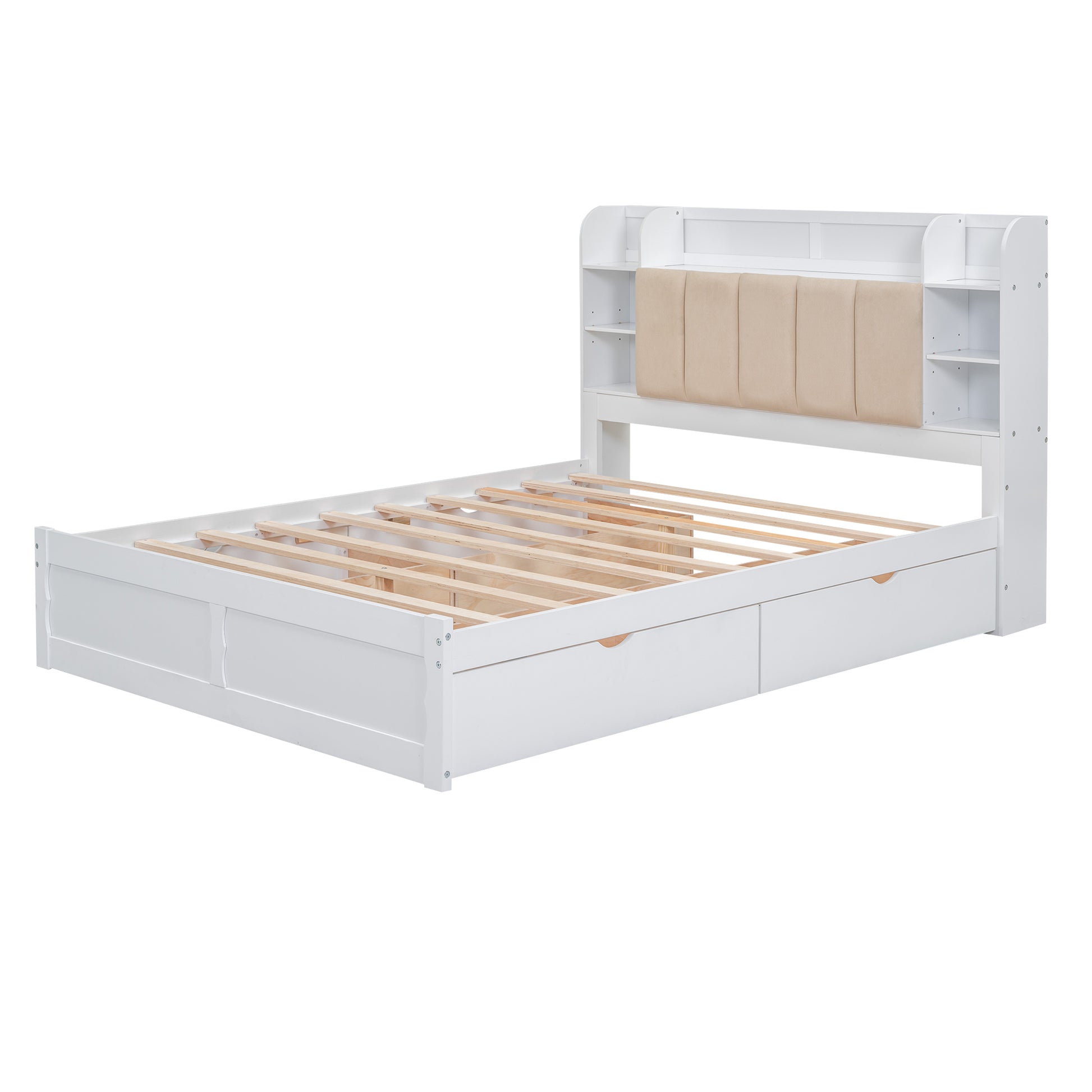 Wood Queen Size Platform Bed With Storage Headboard, Shelves And 4 Drawers, White Box Spring Not Required Queen White Wood Bedroom Bed Frame Solid Wood Mdf