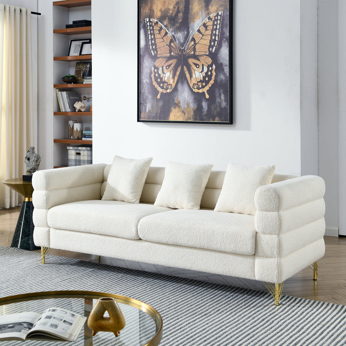 81 Inch Oversized 3 Seater Sectional Sofa, Living Room Comfort Fabric Sectional Sofa Deep Seating Sectional Sofa, Soft Sitting With 3 Pillows For Living Room,Bedroom,White Teddy Ivory W834S00036 Ivory Primary Living Space American Design Foam Fabric 3