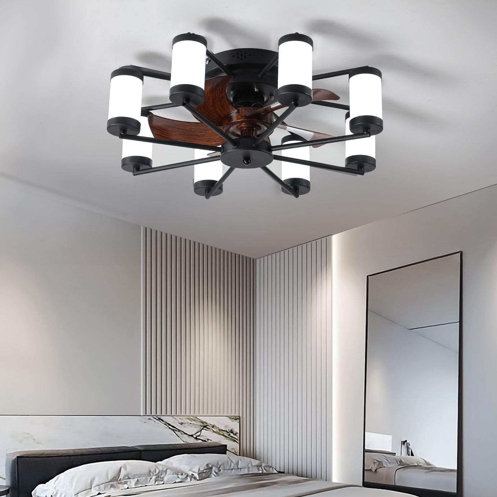 21.7 Inch Ceiling Fan Light Windmill Shaped Flush Mount Ceiling Fan With Light With Remote Control And Timer,Black Black White Abs Iron