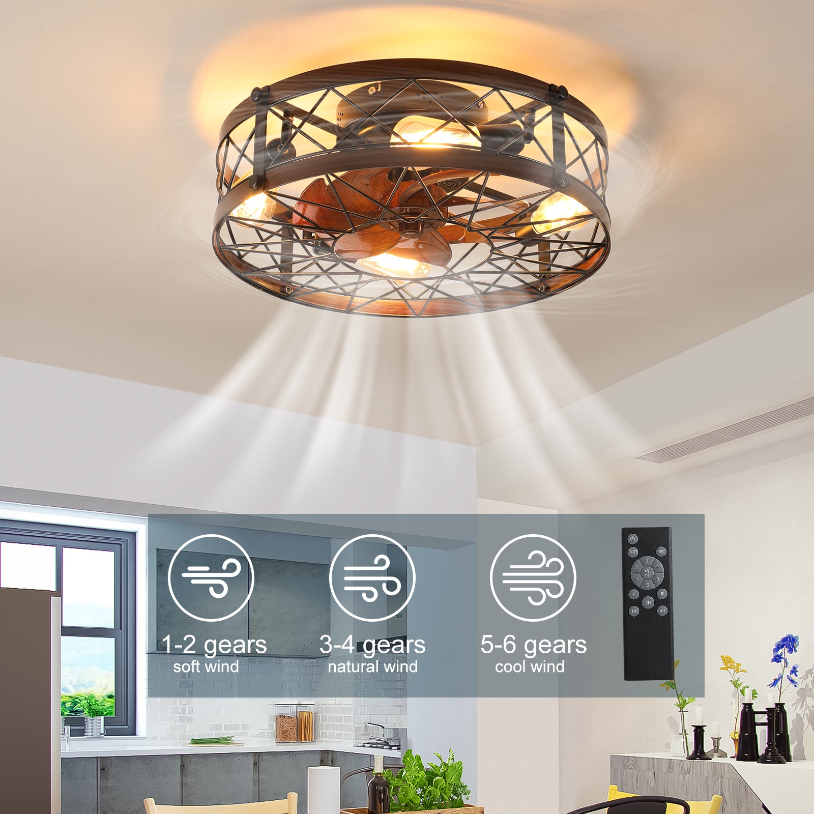 Caged Ceiling Fans With Lights Black, 20 Inch Flush Mount Ceiling Fan Light, Farmhouse Small Ceiling Fan With Light Fixture, Reversible Fan For Bedroom, Office, Kitchen E26 Bulbs Included Black Abs Iron