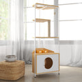 Corner Cat Tower, Cat Tree With Scratching Post, Cat Condo With Feeding Station And Climbing Platforms, Pet Furniture For Indoor Cats White Leg White Light Oak American Design Particle Board