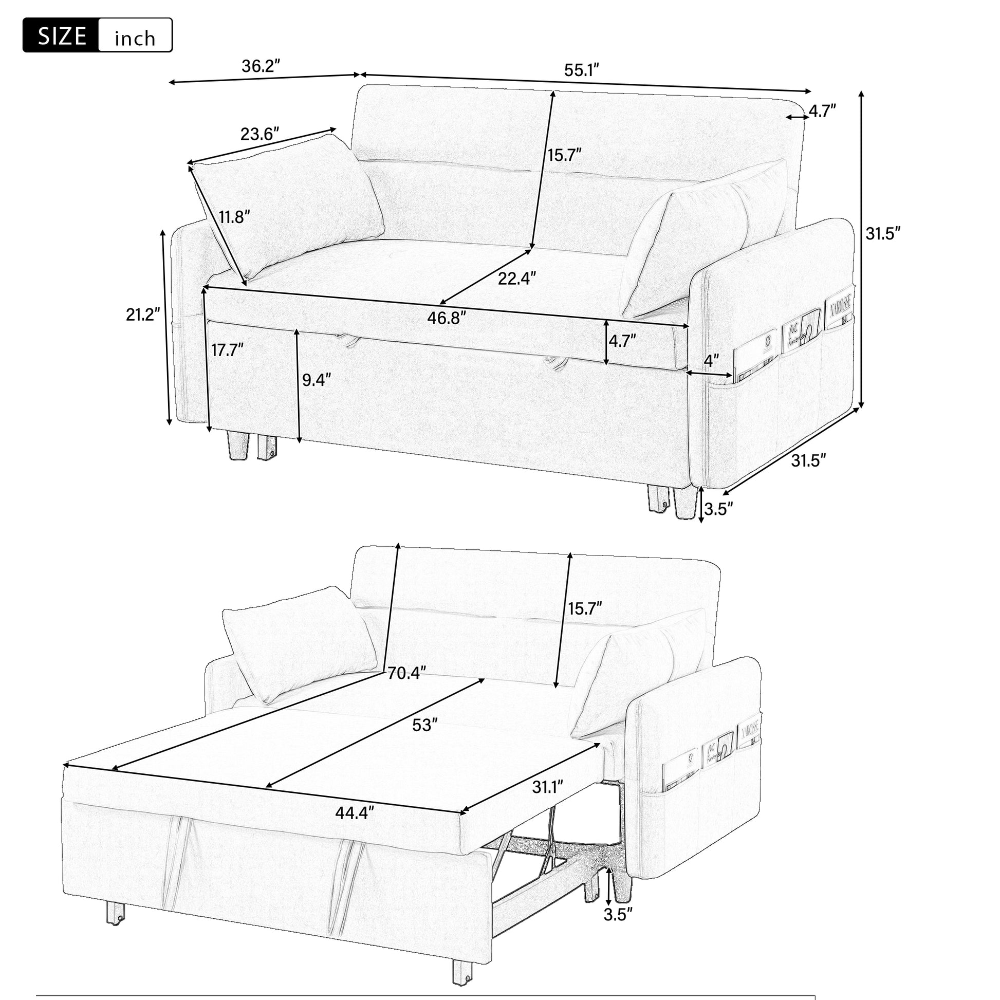 55.1" Pull Out Sleep Sofa Bed Loveseats Sofa Couch With Adjsutable Backrest, Storage Pockets, 2 Soft Pillows, Usb Ports For Living Room, Bedroom, Apartment, Office,Grey Old Sku Wf307821Aae Grey Foam Microfiber
