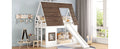 Wood Twin Size House Bunk Bed With Roof, Ladder And Slide, White Brown Box Spring Not Required Twin Brown White Wood Bedroom Pine Bunk Solid Wood Mdf