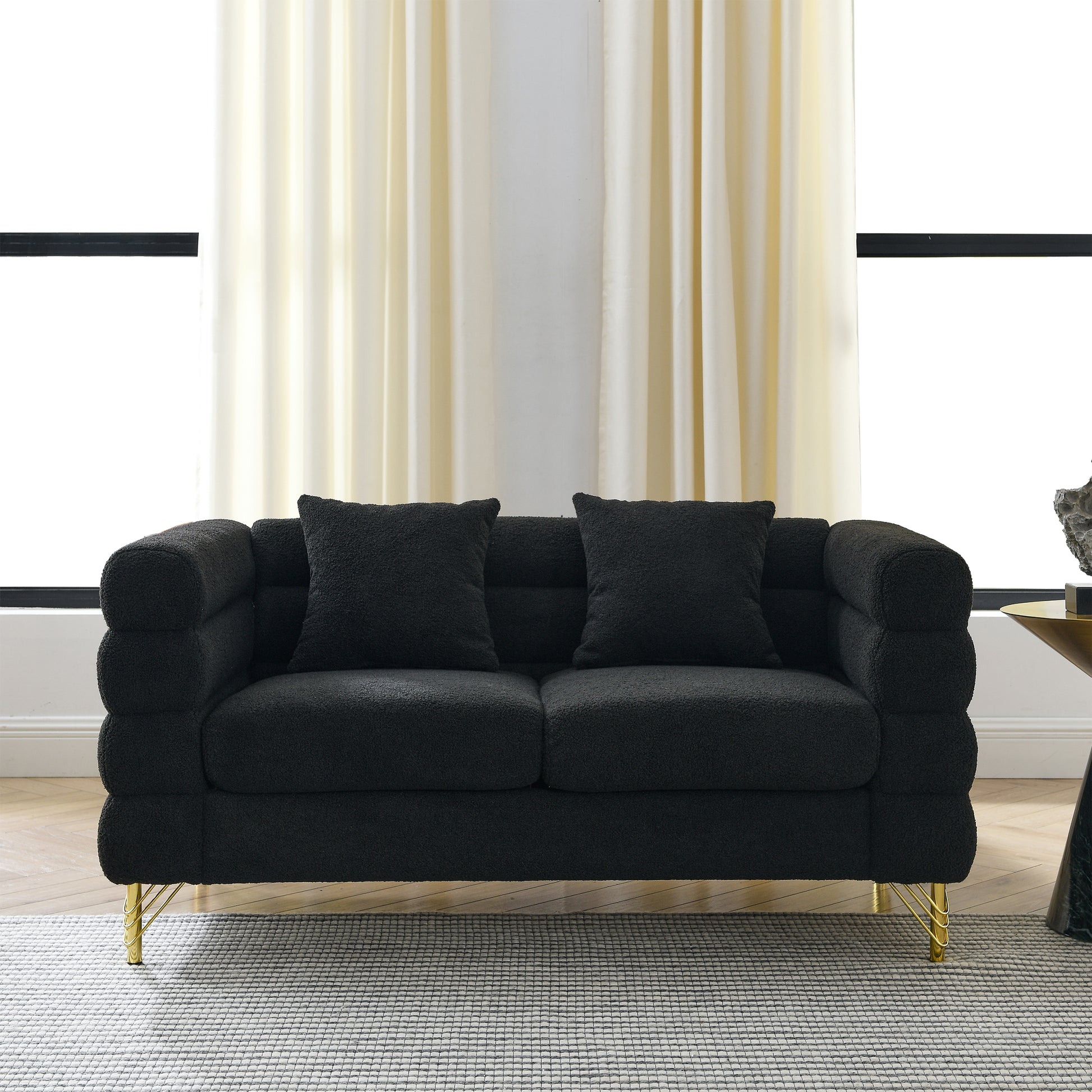 60Inch Oversized 2 Seater Sectional Sofa, Living Room Comfort Fabric Sectional Sofa Deep Seating Sectional Sofa, Soft Sitting With 2 Pillows For Living Room, Bedroom, Office, Black Teddy W834S00030 Black Primary Living Space American Design Foam Fabric 2