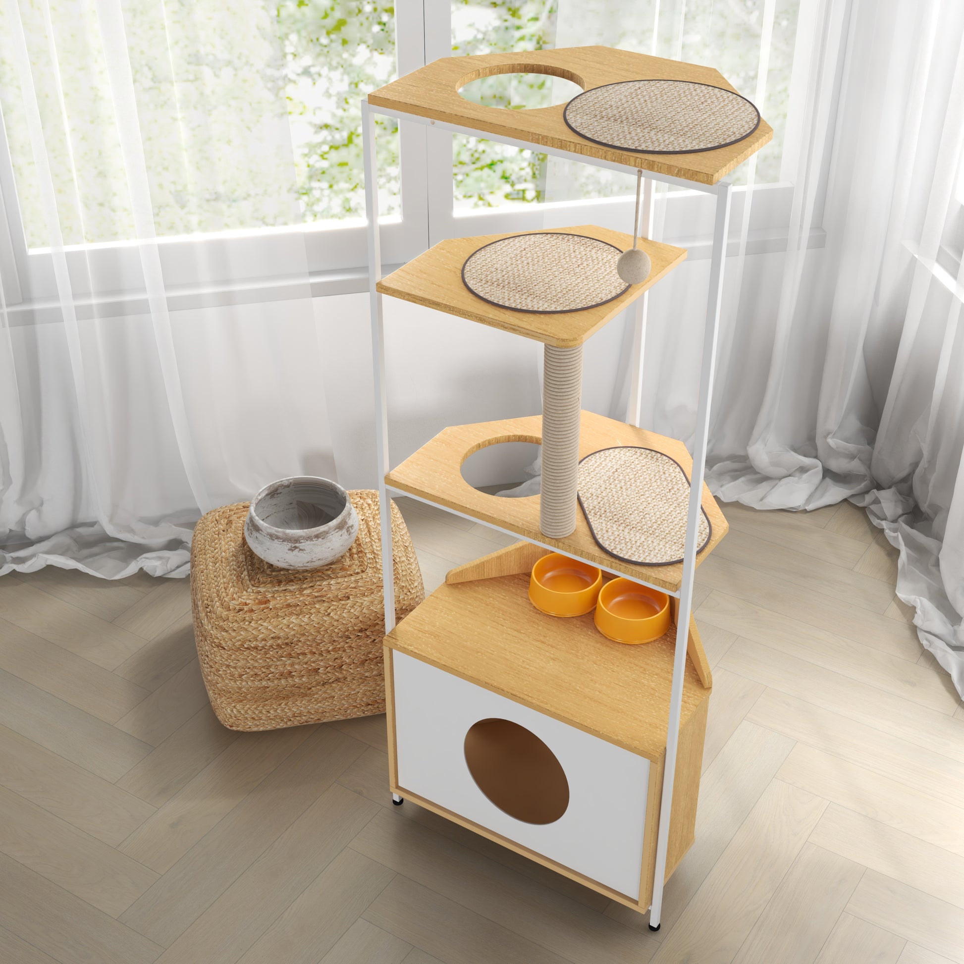 Corner Cat Tower, Cat Tree With Scratching Post, Cat Condo With Feeding Station And Climbing Platforms, Pet Furniture For Indoor Cats White Leg White Light Oak American Design Particle Board