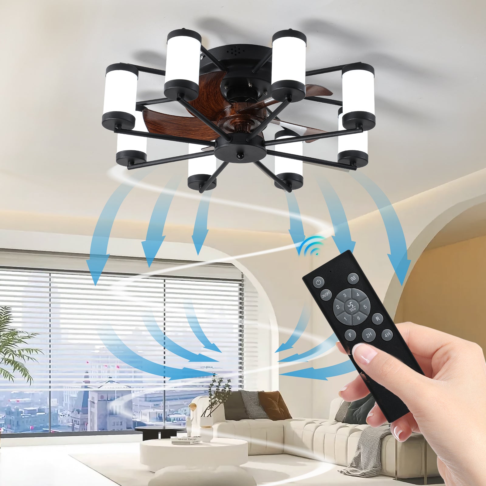 21.7 Inch Ceiling Fan Light Windmill Shaped Flush Mount Ceiling Fan With Light With Remote Control And Timer,Black Black White Abs Iron