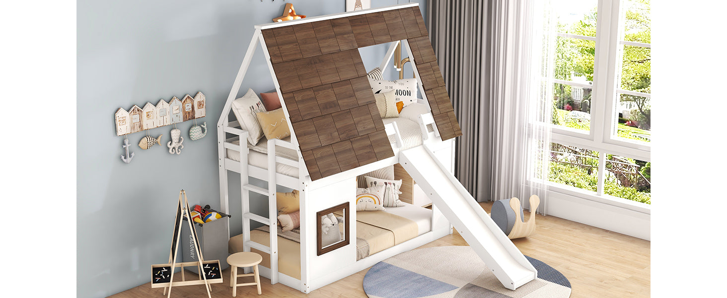 Wood Twin Size House Bunk Bed With Roof, Ladder And Slide, White Brown Box Spring Not Required Twin Brown White Wood Bedroom Pine Bunk Solid Wood Mdf