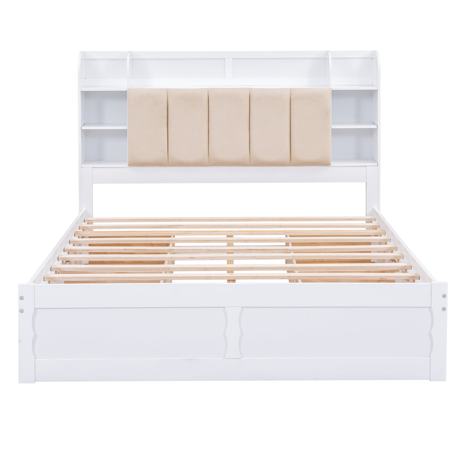 Wood Queen Size Platform Bed With Storage Headboard, Shelves And 4 Drawers, White Box Spring Not Required Queen White Wood Bedroom Bed Frame Solid Wood Mdf