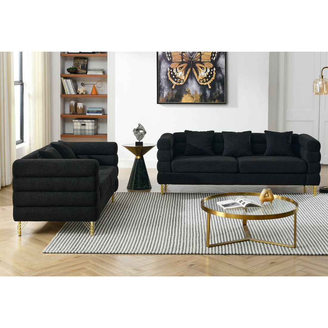 3 Seater 2 Seater Combination Sofa.Black Teddy Black Primary Living Space American Design Foam Fabric