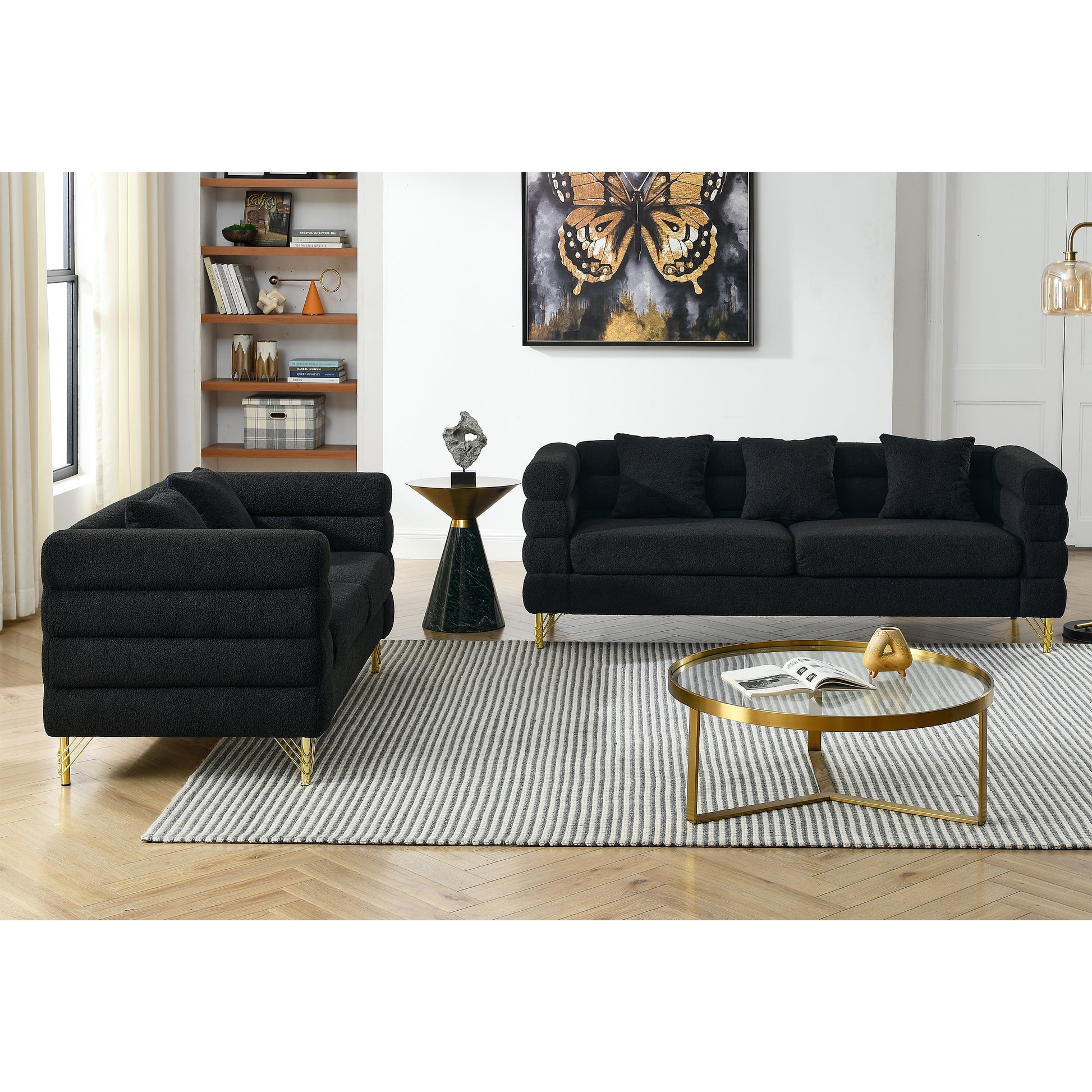 3 Seater 2 Seater Combination Sofa.Black Teddy Black Primary Living Space American Design Foam Fabric