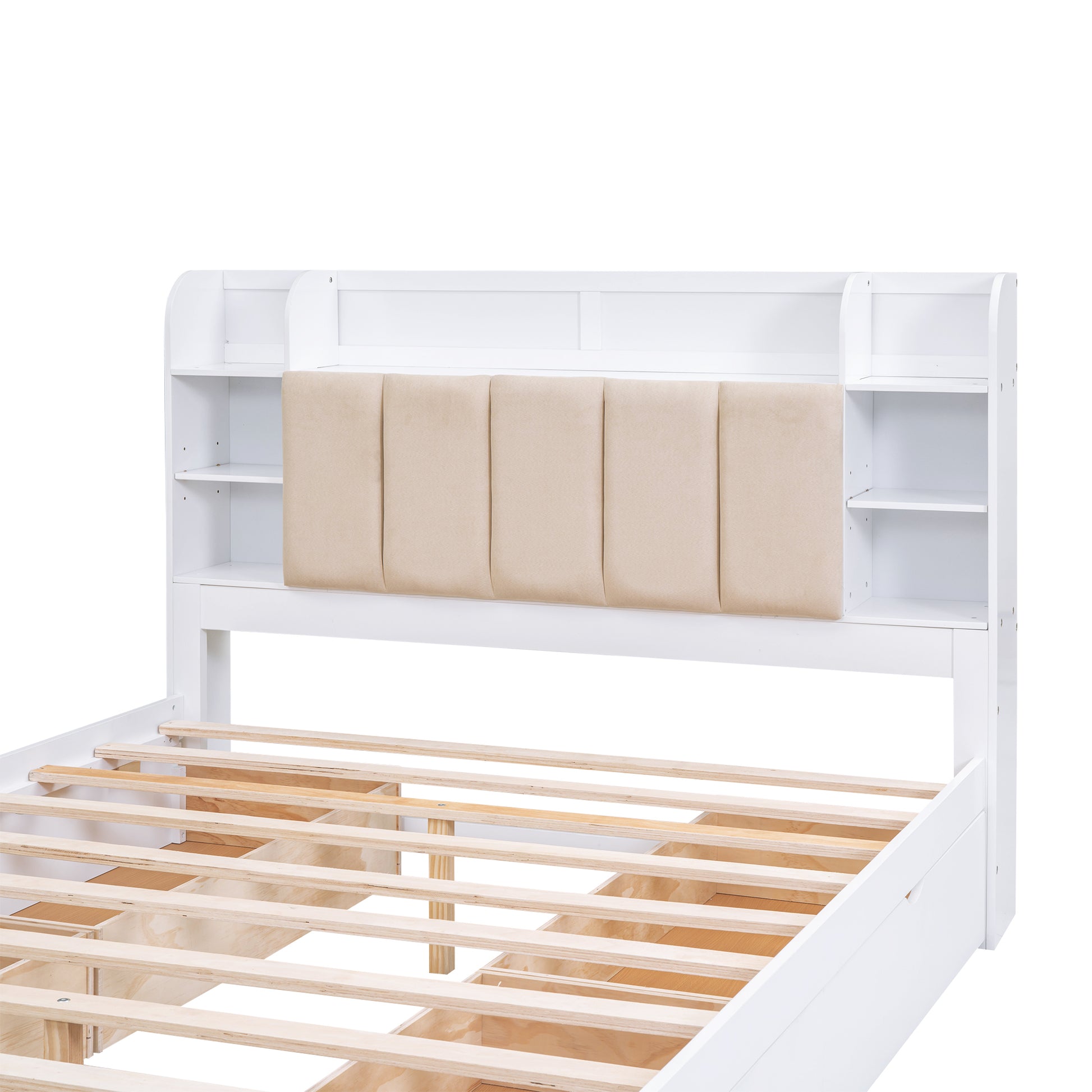 Wood Queen Size Platform Bed With Storage Headboard, Shelves And 4 Drawers, White Box Spring Not Required Queen White Wood Bedroom Bed Frame Solid Wood Mdf