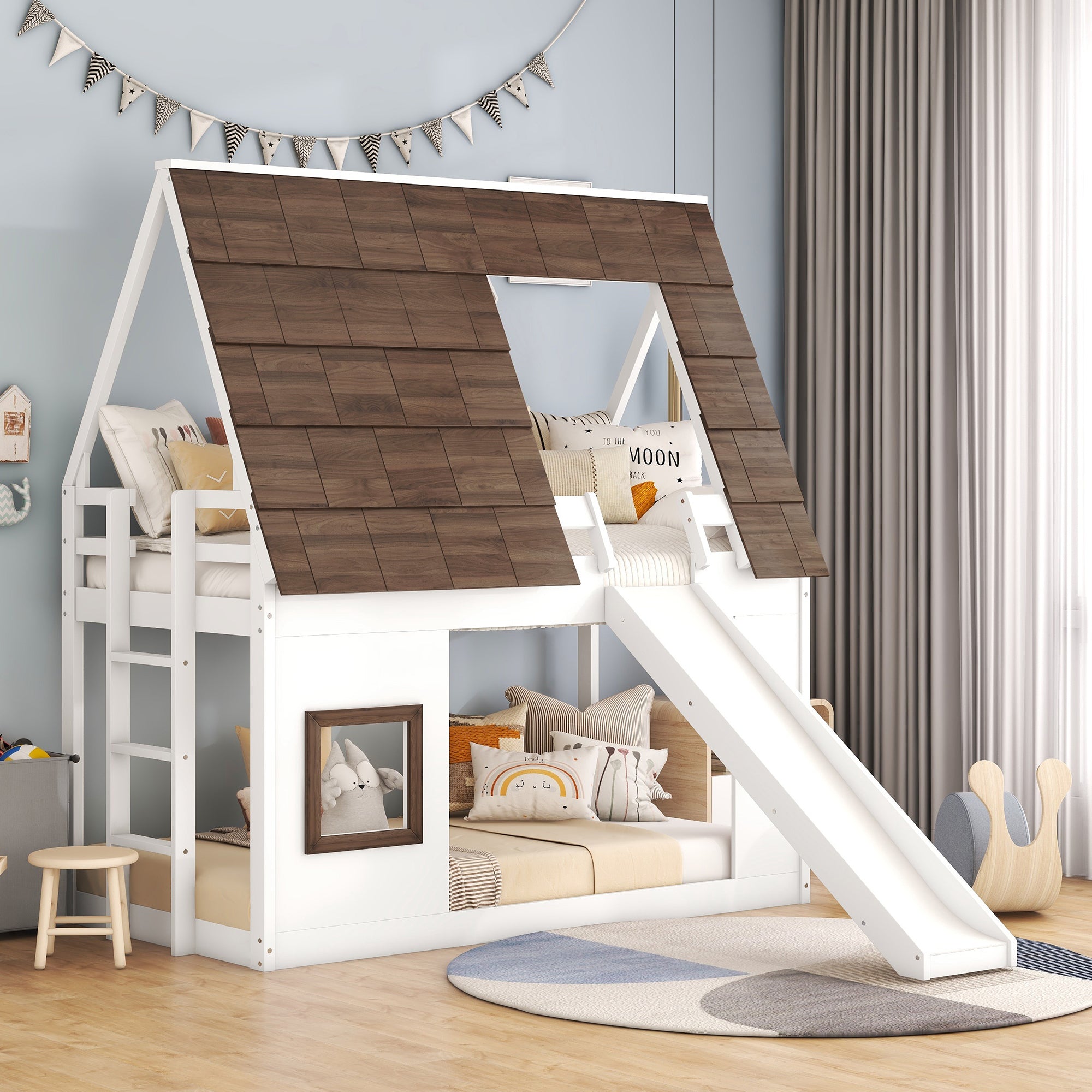 Wood Twin Size House Bunk Bed With Roof, Ladder And Slide, White Brown Box Spring Not Required Twin Brown White Wood Bedroom Pine Bunk Solid Wood Mdf