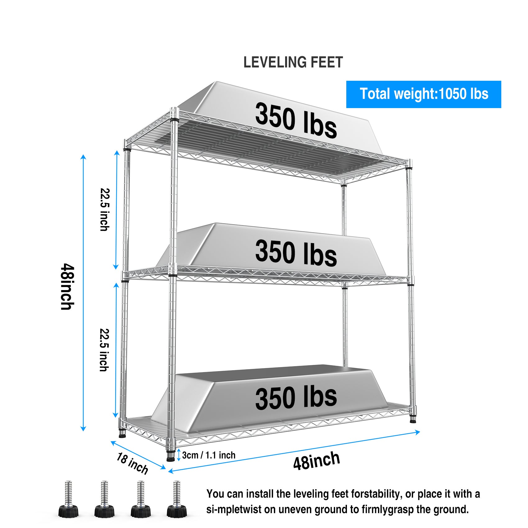 3 Tier Wire Shelving Unit, 1050 Lbs Nsf Height Adjustable Metal Garage Storage Shelves, Heavy Duty Storage Wire Rack Metal Shelves Chrome Chrome Iron Plastic