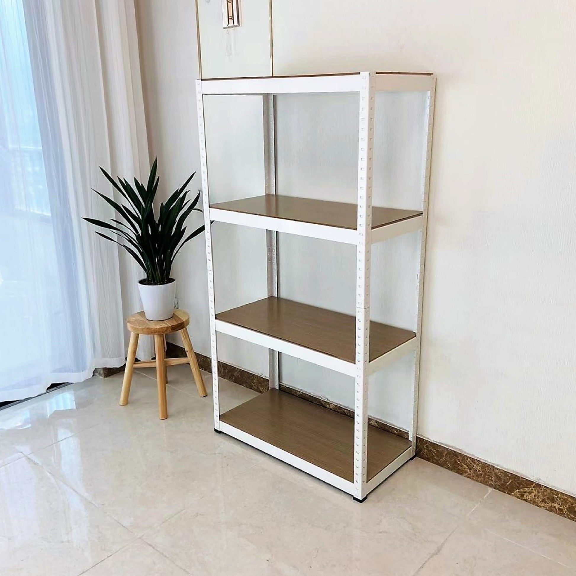 Storage Rack Shelving Unit Storage Shelf Steel Garage Utility Rack 4 Shelf Adjustable Shelves Heavy Duty Display Stand For Books, Kitchenware, Tools Boltless Assembly White White Metal & Wood