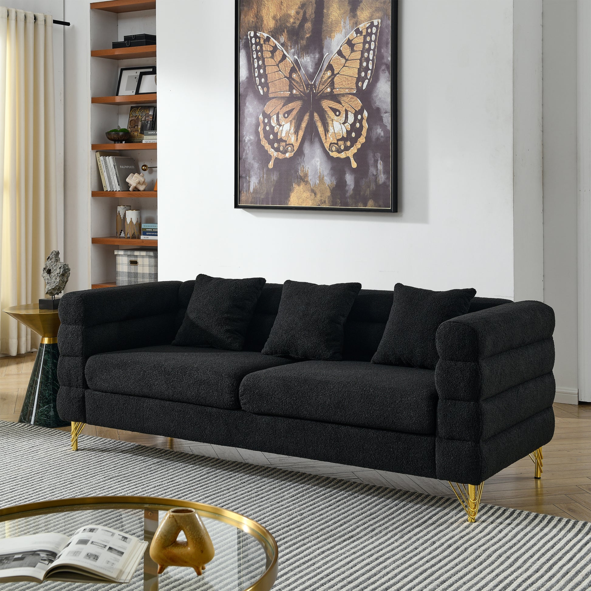 3 Seater 3 Seater Combination Sofa.Black Teddy Black Primary Living Space American Design Foam Fabric