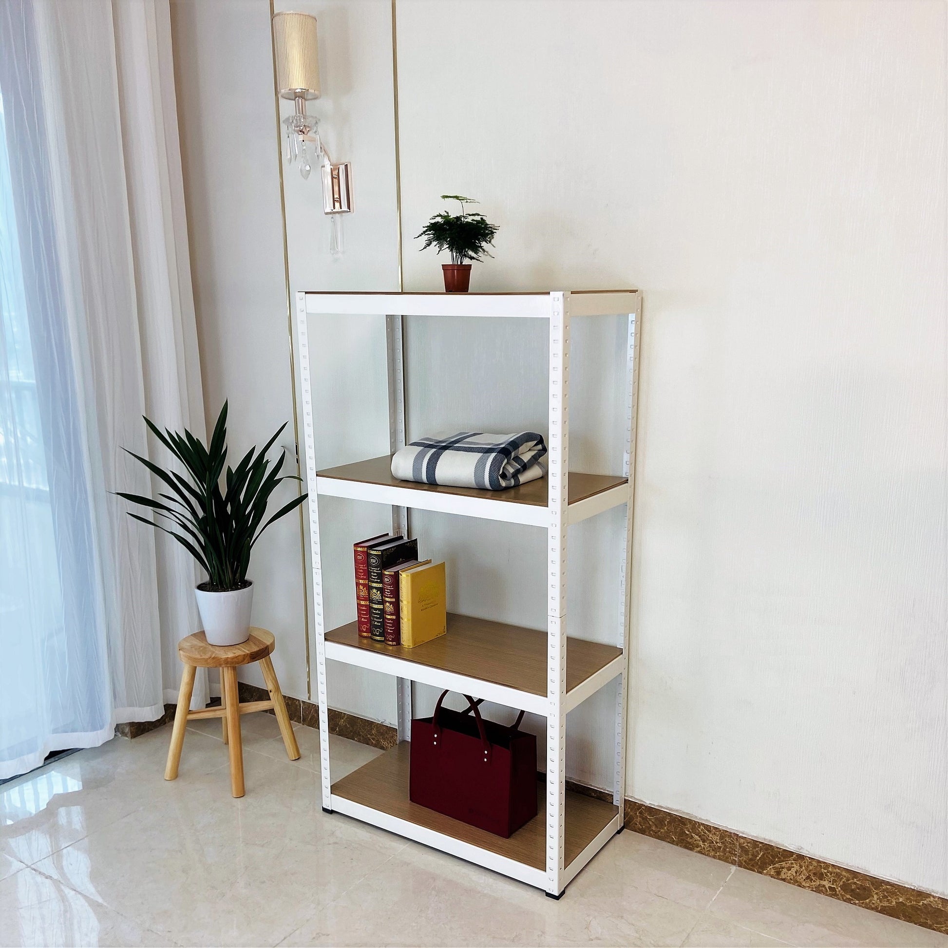 Storage Rack Shelving Unit Storage Shelf Steel Garage Utility Rack 4 Shelf Adjustable Shelves Heavy Duty Display Stand For Books, Kitchenware, Tools Boltless Assembly White White Metal & Wood