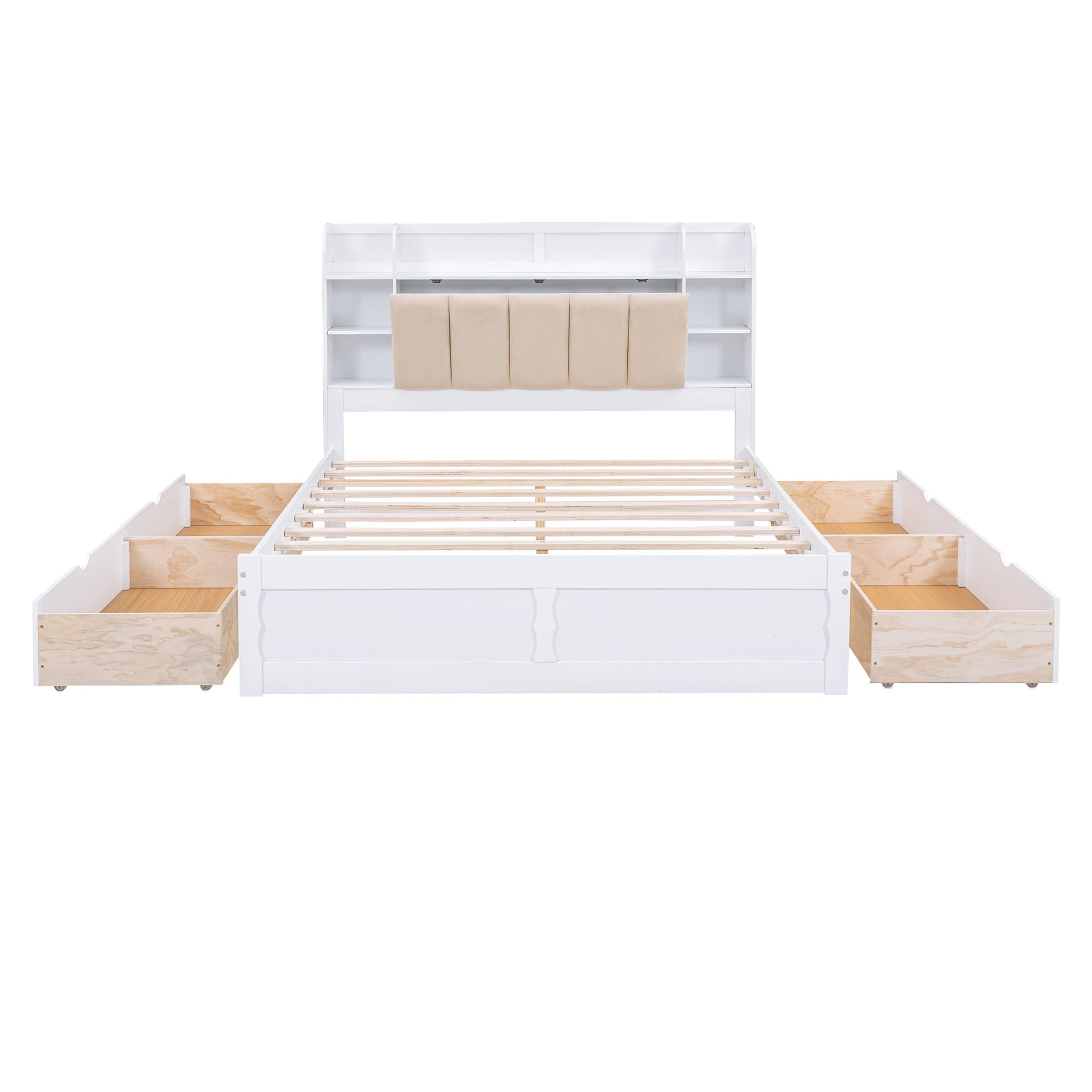 Wood Queen Size Platform Bed With Storage Headboard, Shelves And 4 Drawers, White Box Spring Not Required Queen White Wood Bedroom Bed Frame Solid Wood Mdf