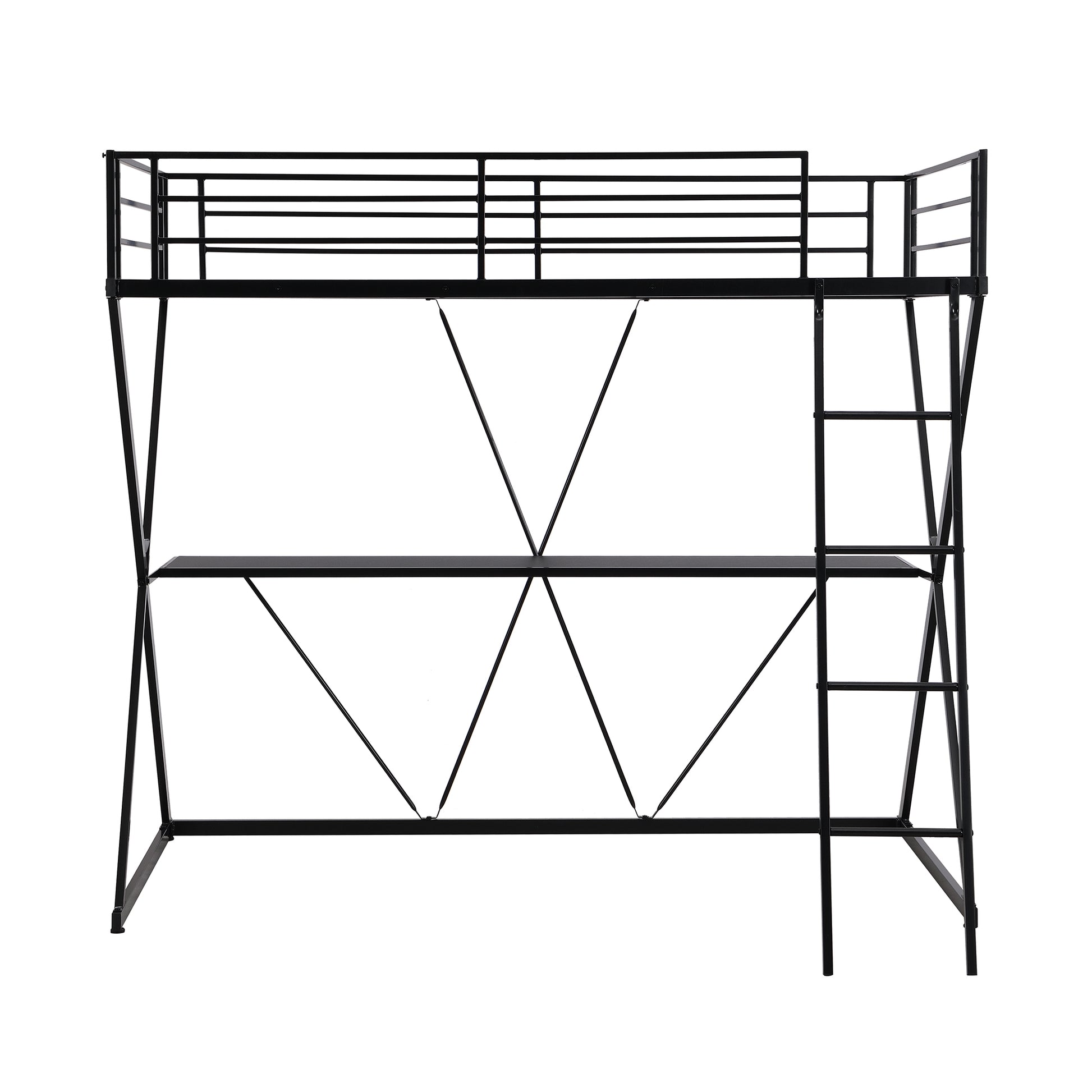 Twin Size Loft Bed With Desk, Ladder And Full Length Guardrails, X Shaped Frame, Black Old Sku: Mf297073Aab Box Spring Not Required Twin Black Metal Bedroom Bed Frame Metal