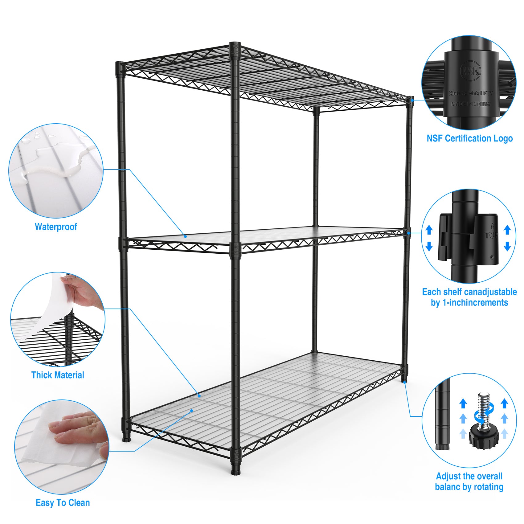 3 Tier Wire Shelving Unit, 1050 Lbs Nsf Height Adjustable Metal Garage Storage Shelves, Heavy Duty Storage Wire Rack Metal Shelves Black Black Iron Plastic