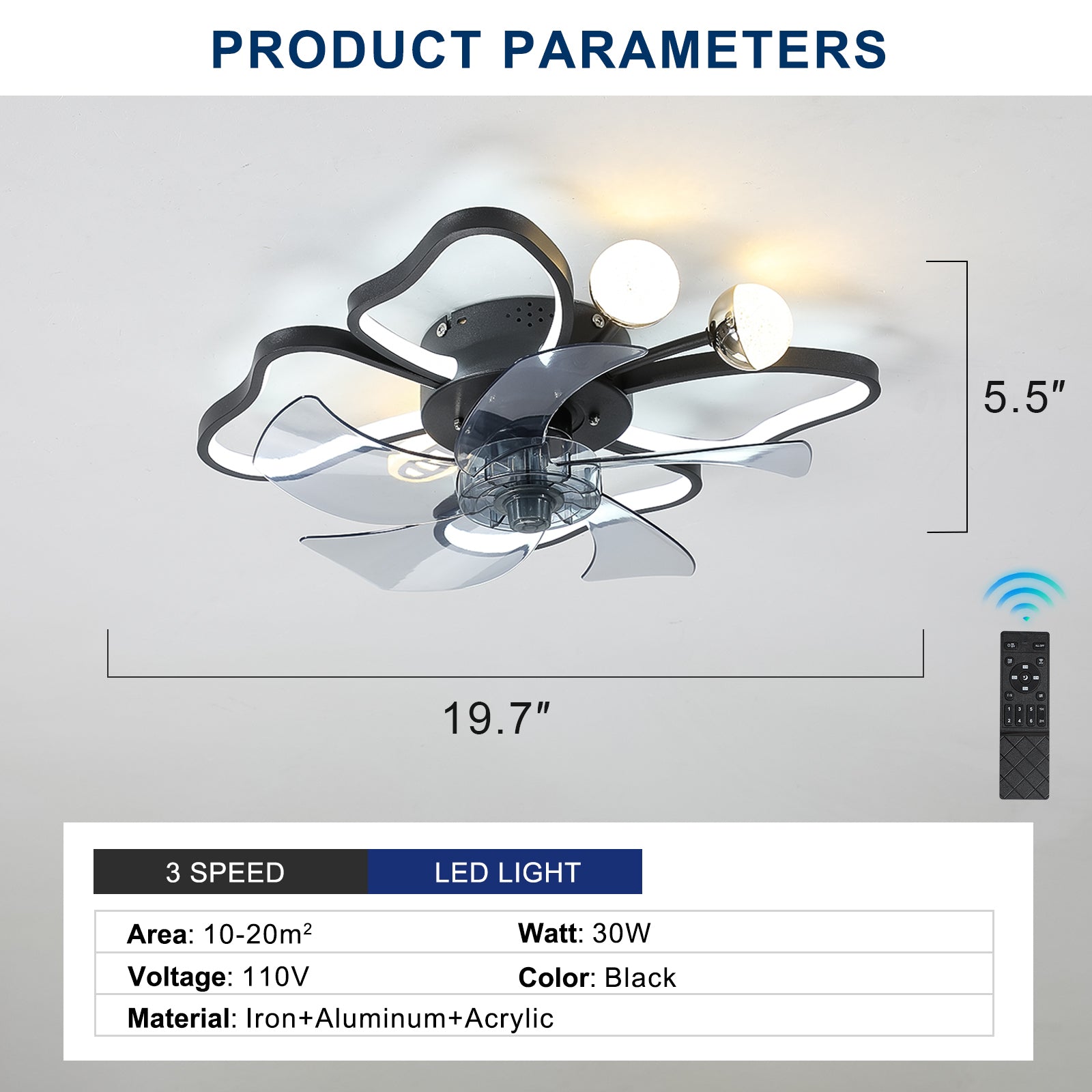 19.7 Inch Light Ceiling Fan With Lights Remote Control With Modern Butterfly Design Styling, Black, Fan For Bedroom, Living Room, Timing Function, Noiseless, Children'S Favorite Black Aluminium Iron