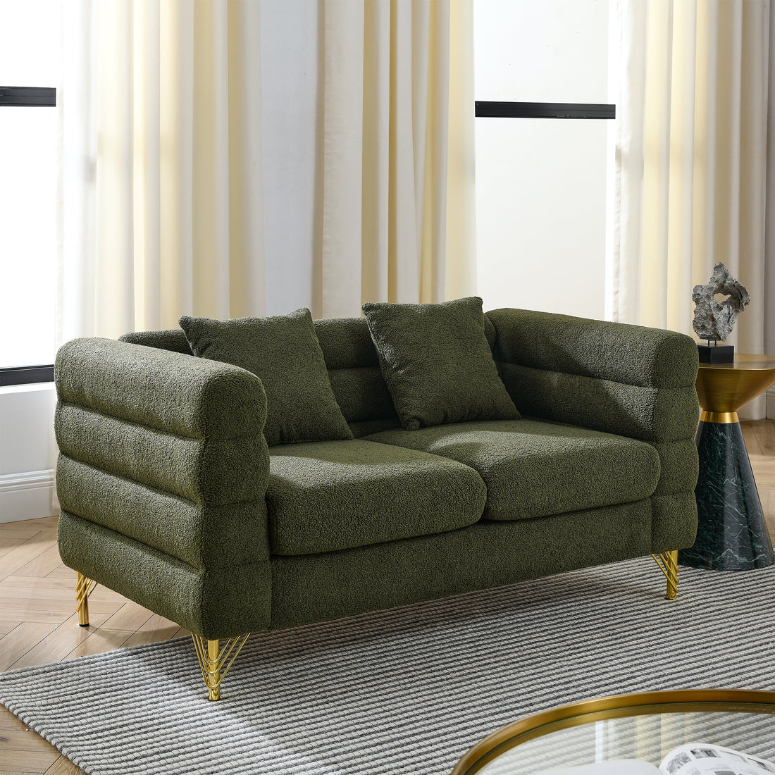 60Inch Oversized 2 Seater Sectional Sofa, Living Room Comfort Fabric Sectional Sofa Deep Seating Sectional Sofa, Soft Sitting With 2 Pillows For Living Room, Bedroom, Office, Green Teddy W834S00032