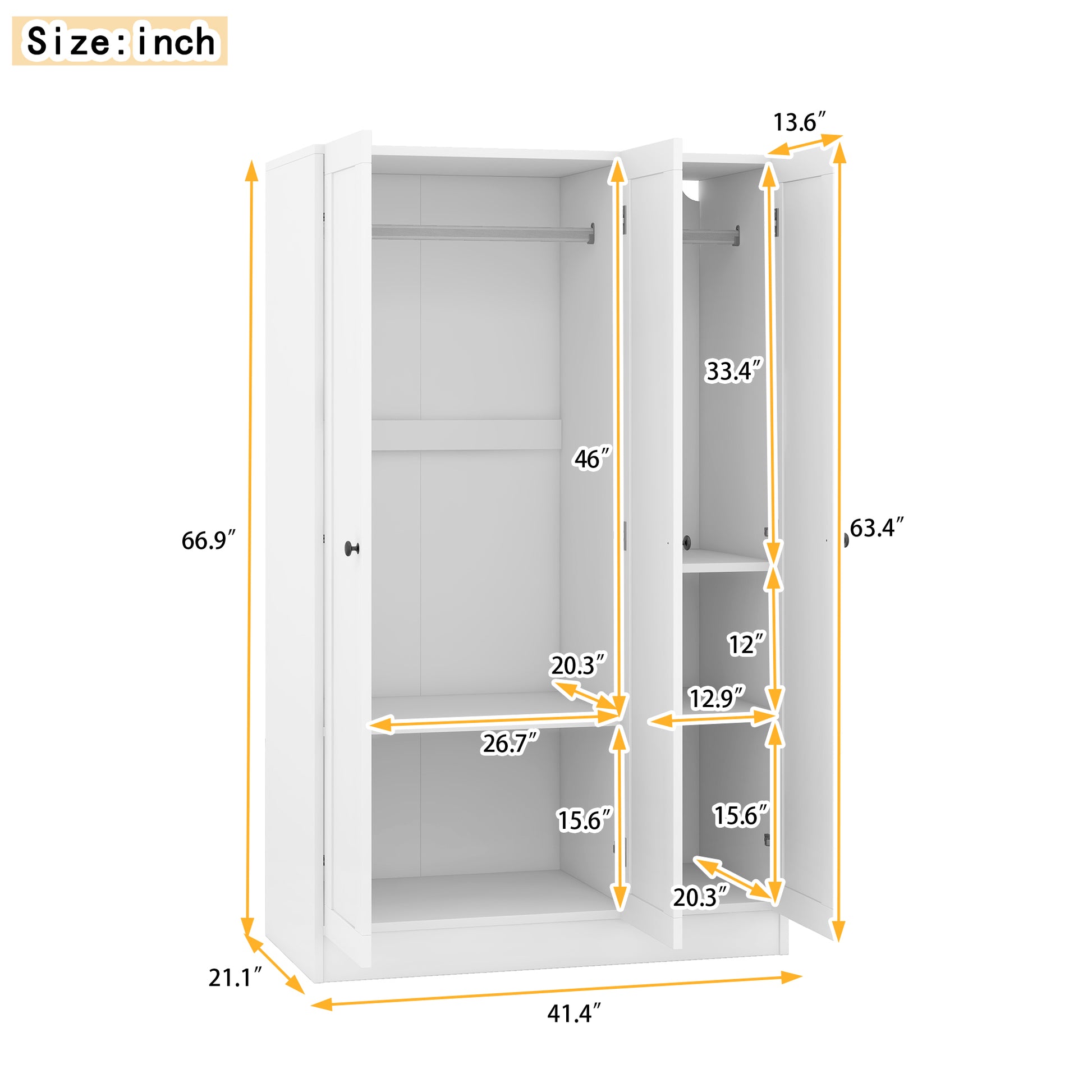 3 Door Shutter Wardrobe With Shelves, White Hinged White White Shelf Bedroom Contemporary 3 Mdf