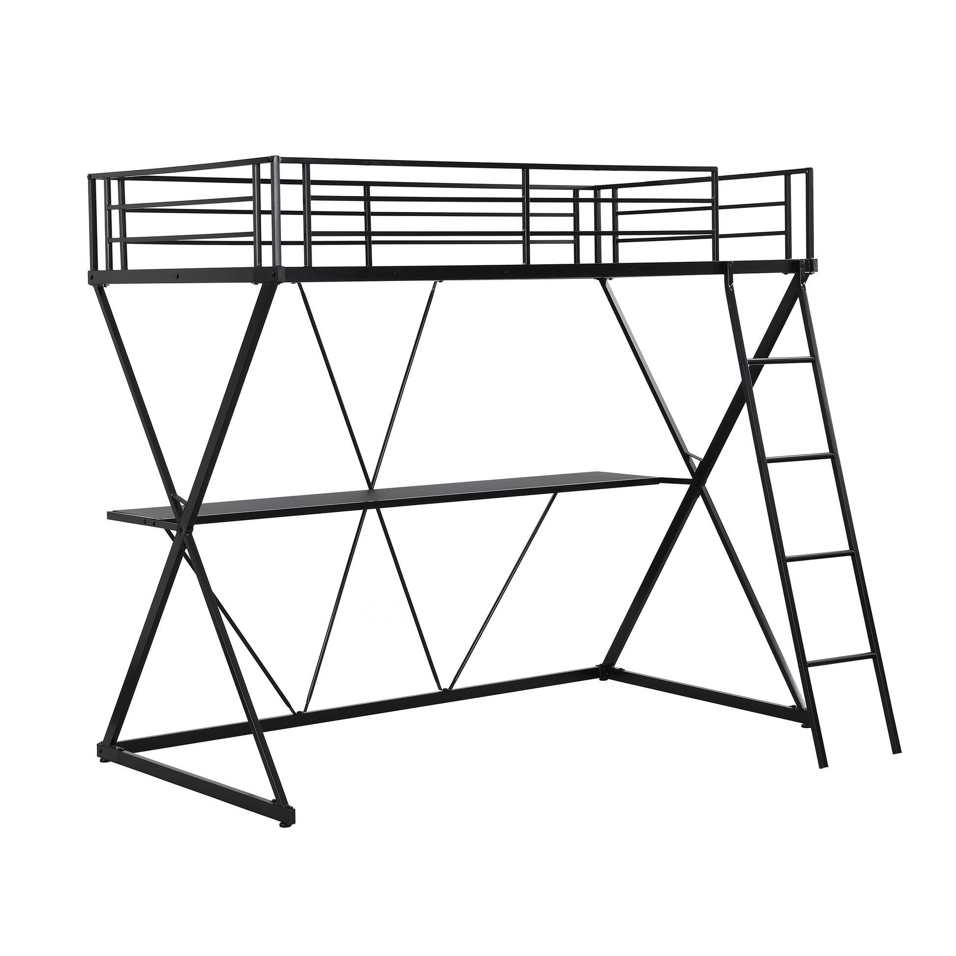 Twin Size Loft Bed With Desk, Ladder And Full Length Guardrails, X Shaped Frame, Black Old Sku: Mf297073Aab Box Spring Not Required Twin Black Metal Bedroom Bed Frame Metal