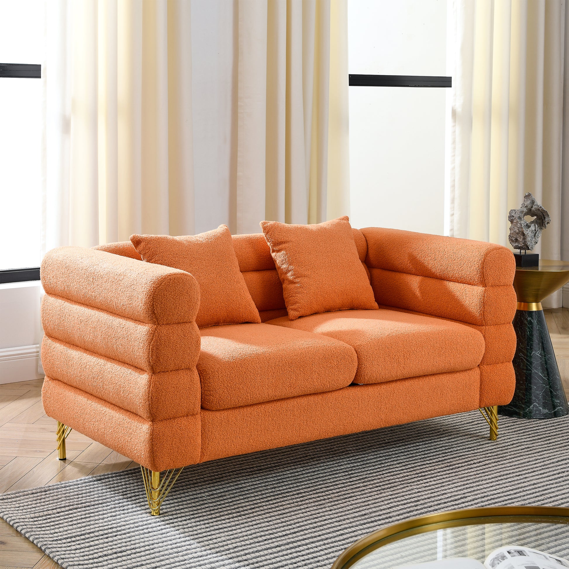 60Inch Oversized 2 Seater Sectional Sofa, Living Room Comfort Fabric Sectional Sofa Deep Seating Sectional Sofa, Soft Sitting With 2 Pillows For Living Room,Bedroom,Office,Orange Teddy W834S00031 Orange Primary Living Space American Design Foam Fabric 2