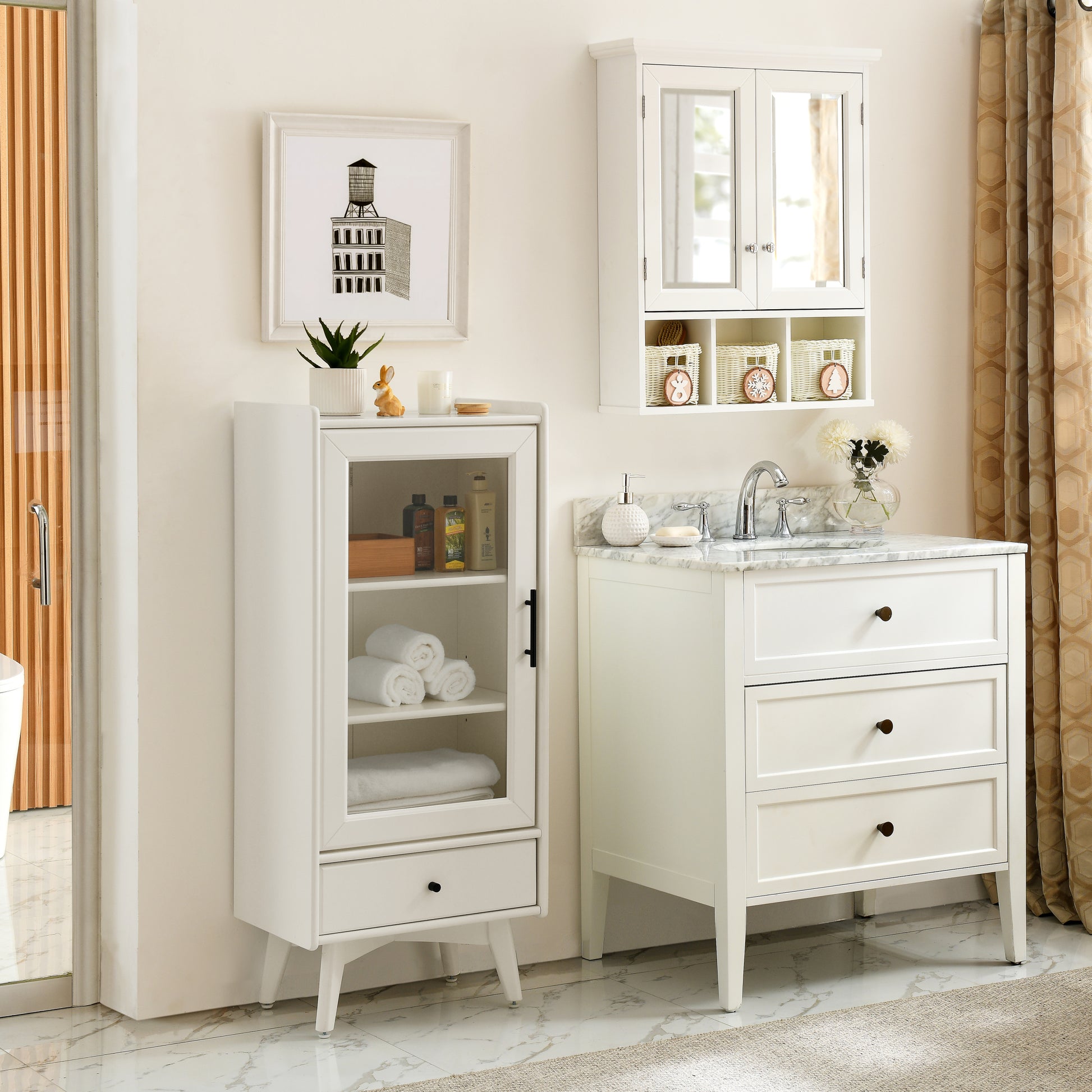 Modern Bathroom Storage Cabinet & Floor Standing Cabinet With Glass Door With Double Adjustable Shelves And One Drawer, Extra Storage Space On Top, White 19.75" 13.75" 46" White Mdf