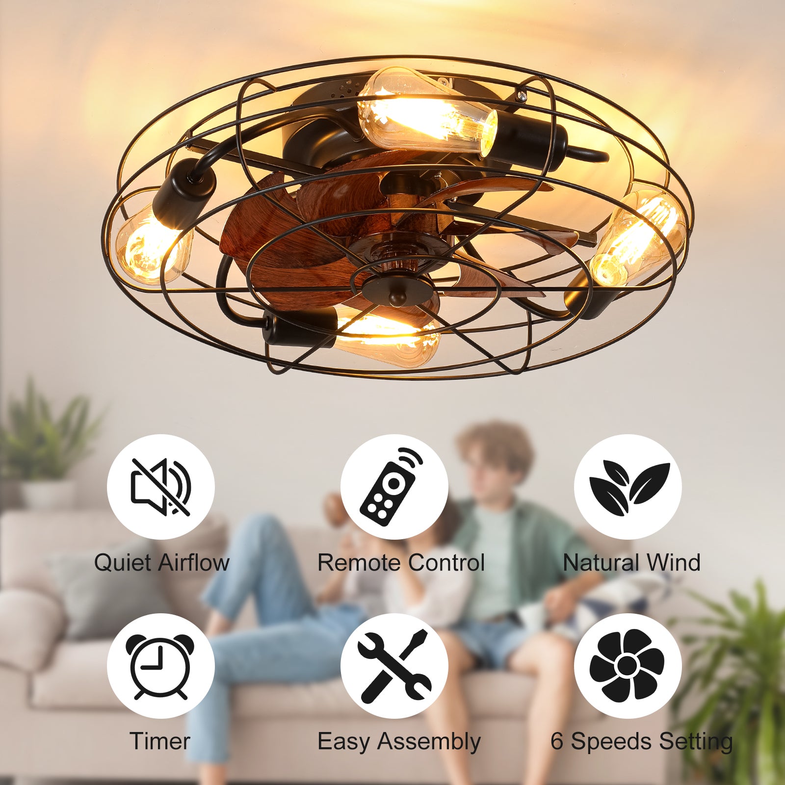Caged Ceiling Fan With Light, 20'' Farmhouse Low Profile Ceiling Fan Lights With Remote Control, Modern Enclosed 4X E26 Bulb Ceiling Fans With Reversible Motor Living Room Bedroom Kitchen, Black Black Abs Iron