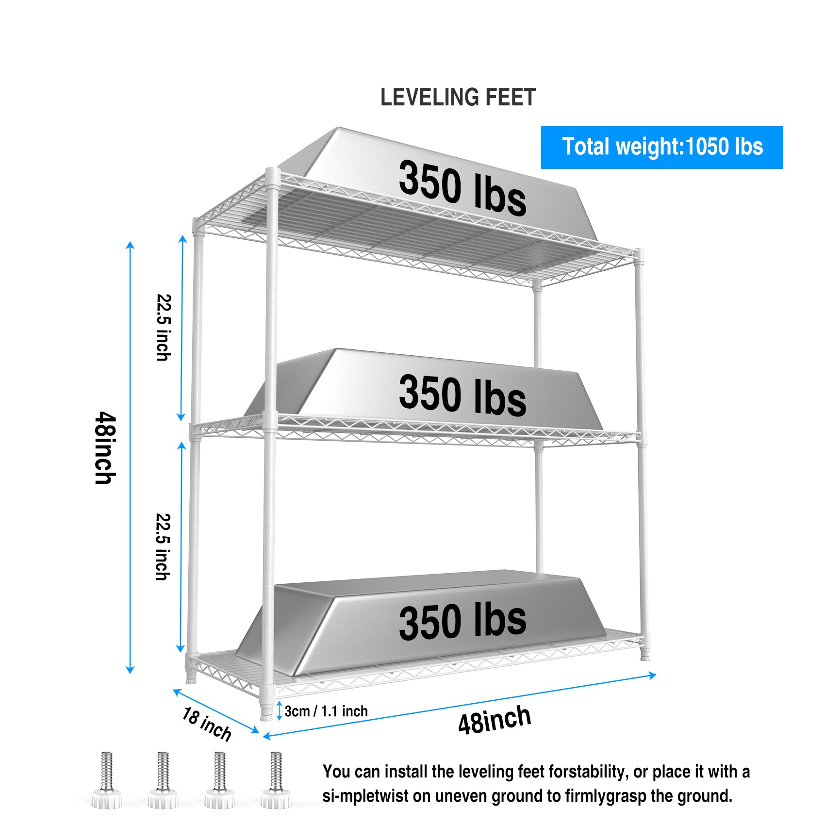 3 Tier Wire Shelving Unit, 1050 Lbs Nsf Height Adjustable Metal Garage Storage Shelves, Heavy Duty Storage Wire Rack Metal Shelves White White Iron Plastic