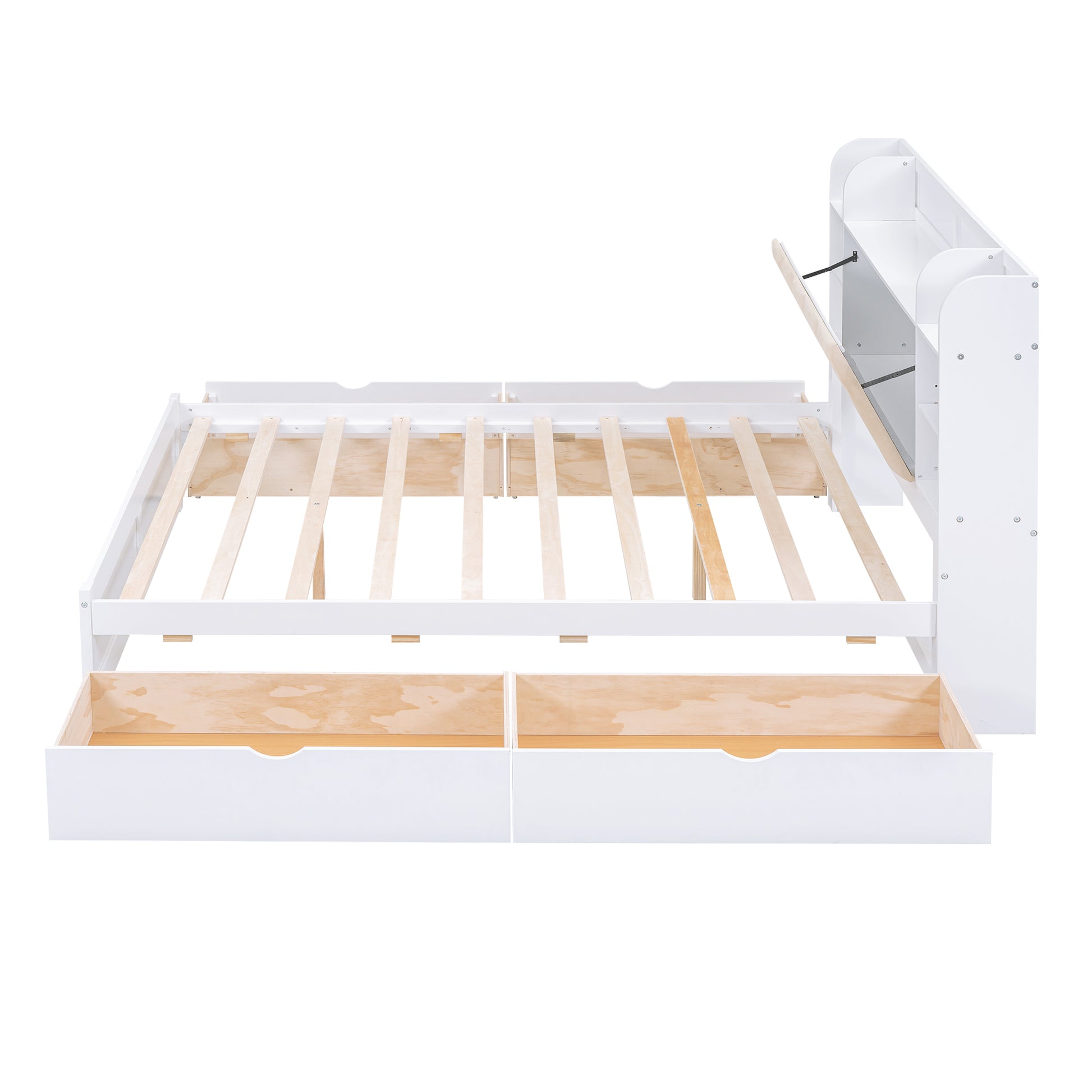 Wood Queen Size Platform Bed With Storage Headboard, Shelves And 4 Drawers, White Box Spring Not Required Queen White Wood Bedroom Bed Frame Solid Wood Mdf