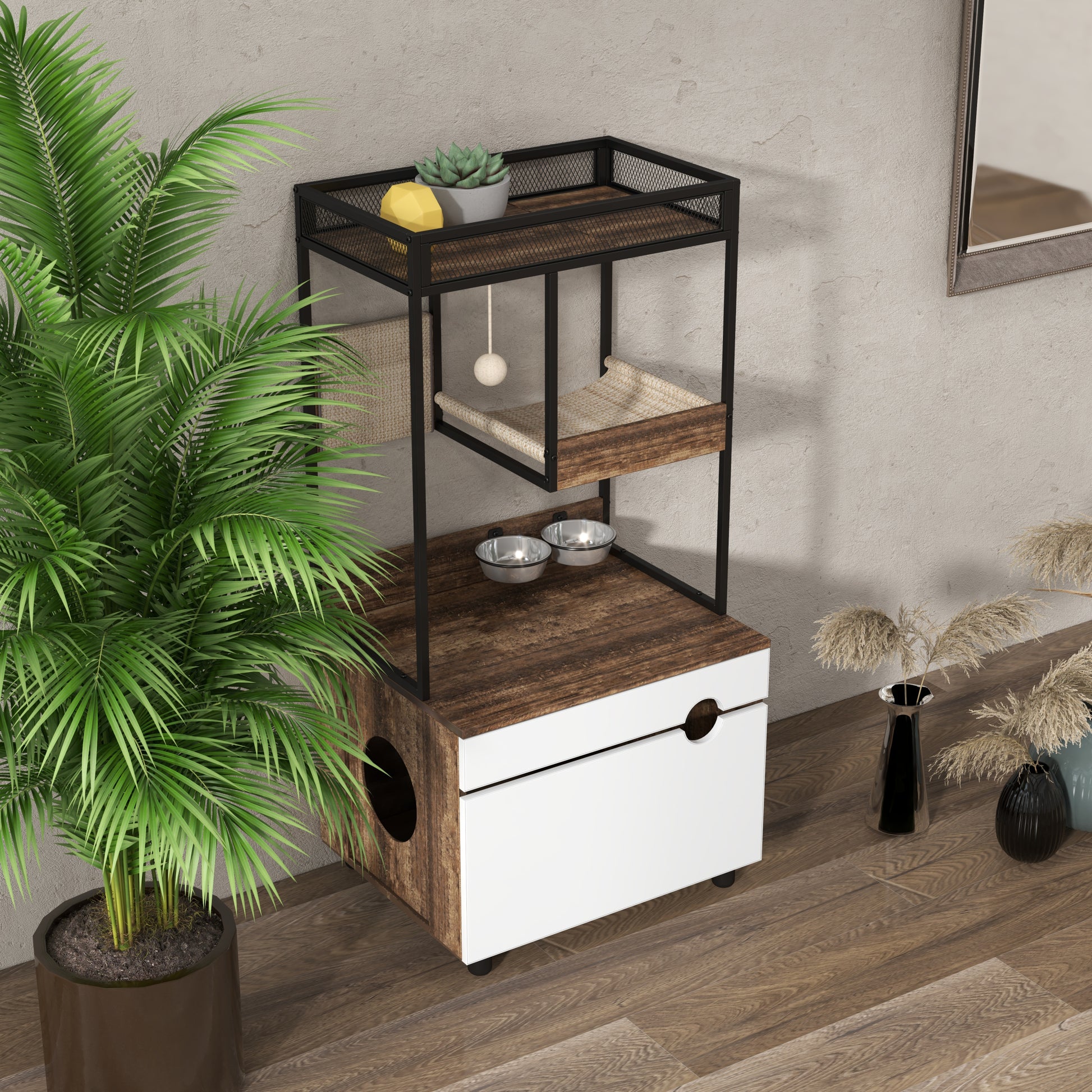 Cat Litter Box Enclosures With Cat Tree Tower, Cat Furniture ,Cat Cabinet White Vintage American Design Particle Board