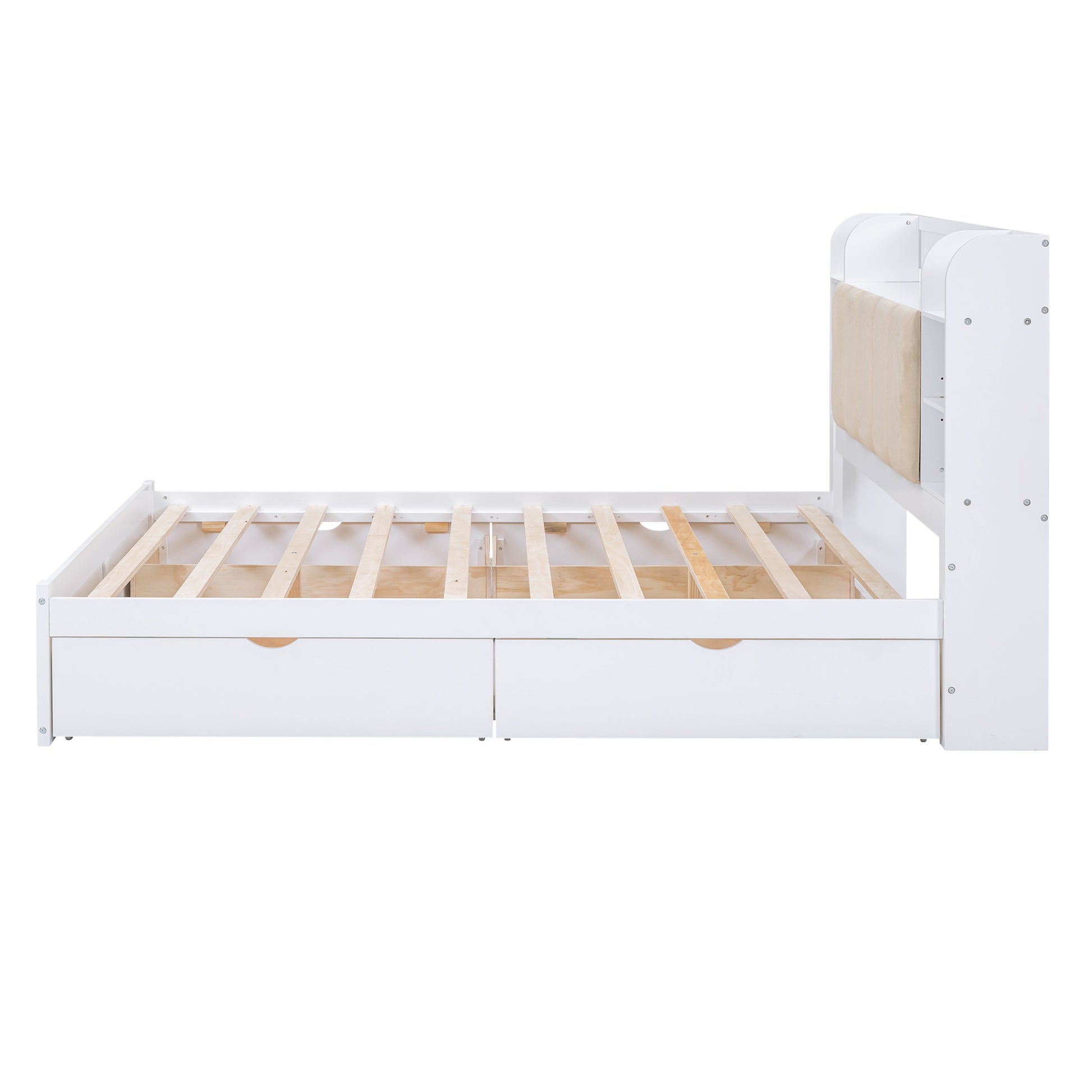 Wood Queen Size Platform Bed With Storage Headboard, Shelves And 4 Drawers, White Box Spring Not Required Queen White Wood Bedroom Bed Frame Solid Wood Mdf