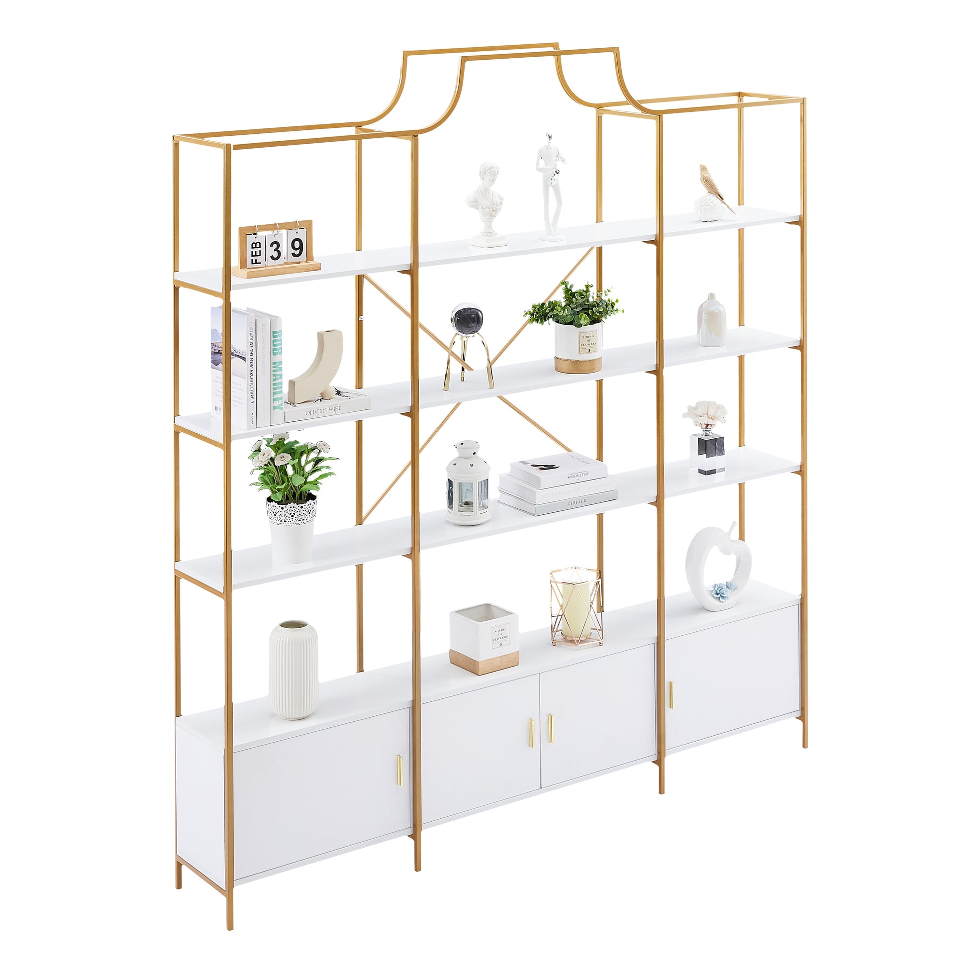 78 Inch 4 Tiers Home Office Bookcase Bookshelf, Storage Cabinet Display Shelf, X Bar Gold Frame Golden White Mdf Steel