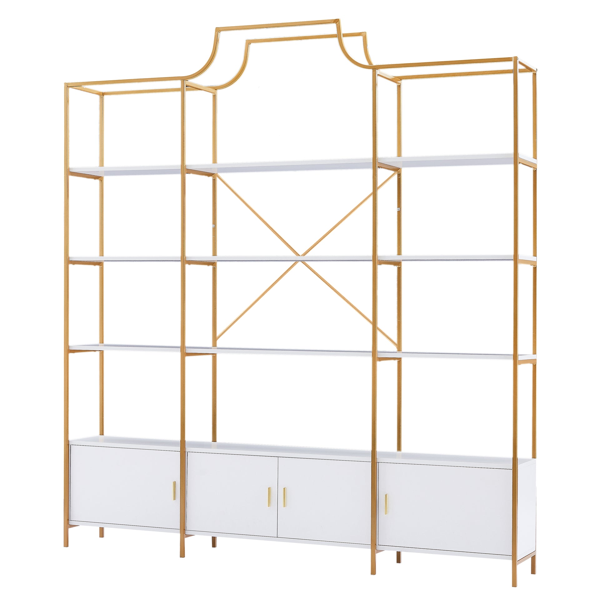 78 Inch 4 Tiers Home Office Bookcase Bookshelf, Storage Cabinet Display Shelf, X Bar Gold Frame Golden White Mdf Steel