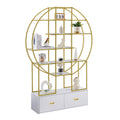 70.8 Inch Round Office Bookcase Bookshelf, Display Shelf, Two Drawers, Gold Frame Golden White Mdf Steel