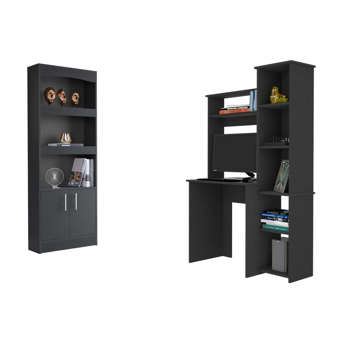 2 Piece Office Set, Bookcase Desk, Black Black Particle Board Particle Board