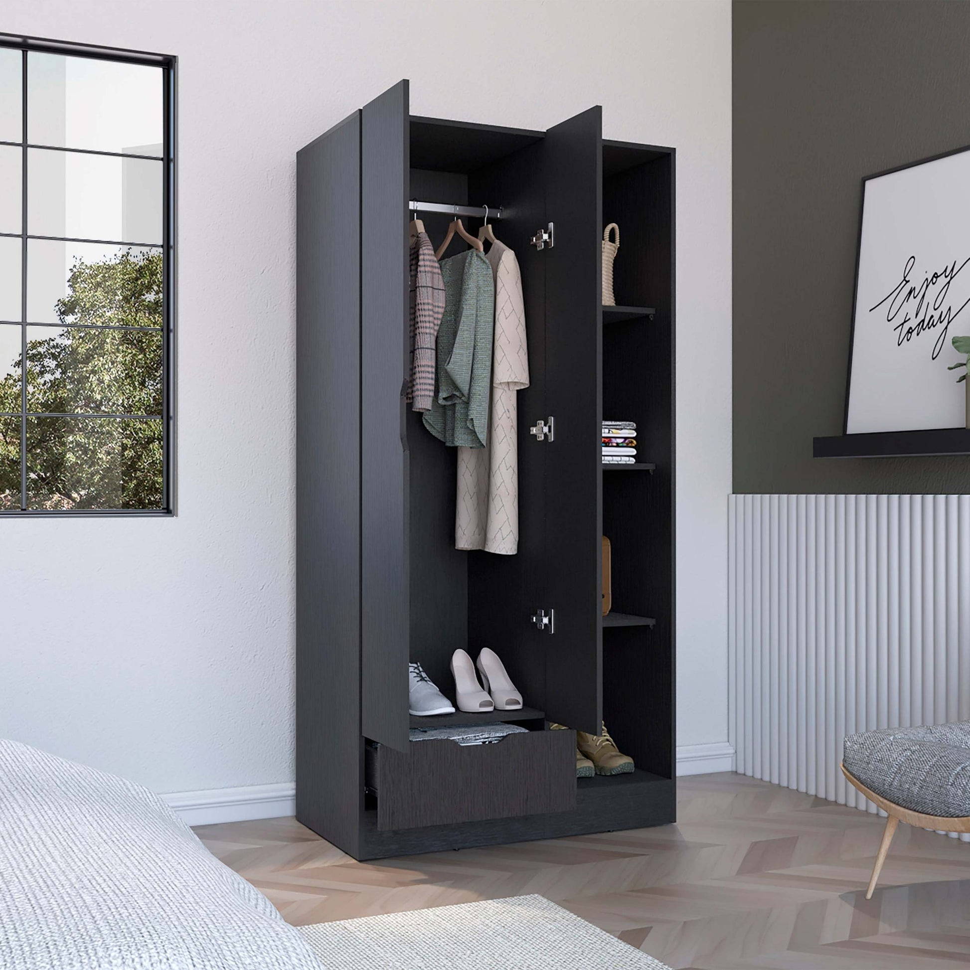 Armoire 71H" With 1 Drawer And 4 Tier Open Shelves, 2 Doors, Black Black Bedroom Modern Pine Particle Board Particle Board